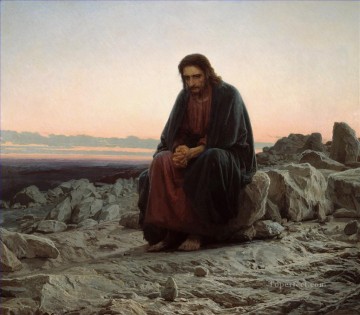 宗教的 Painting - 荒野砂漠のキリスト イワン・クラムスコイ キリスト教カトリック教徒